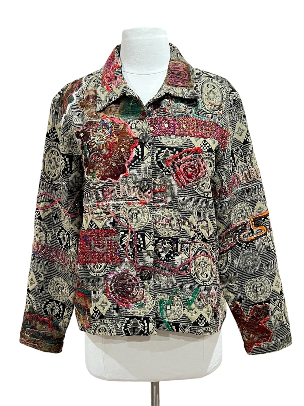 Vintage Coldwater Creek Tapestry Beaded Patchwork Boho Jacket Size Large Petite